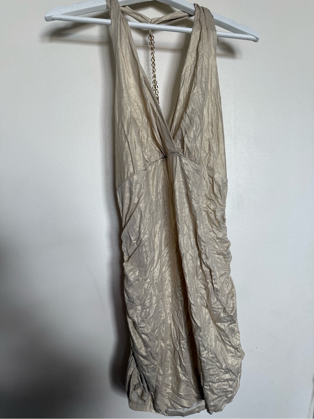 Moda International gold/champagne metallic accent halter mini dress